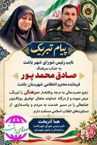پیام  تبریک نایب رئیس شورای شهر باشت به مناسبت ارتقاء درجه به فرمانده انتظامی شهرستان باشت